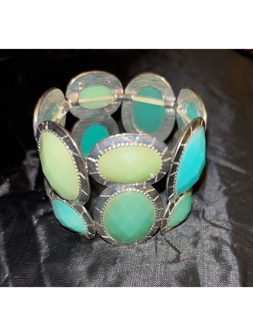 Chunky Silver Faux Stone Green Cabochon Panel Bracelet Bag 71